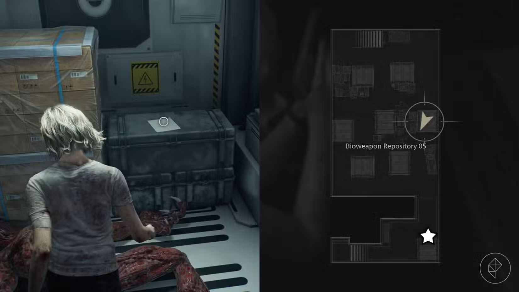 Uma montagem de duas capturas de tela de Resident Evil Requiem mostrando a localização do documento com o código de segurança da Câmara de Esterilização