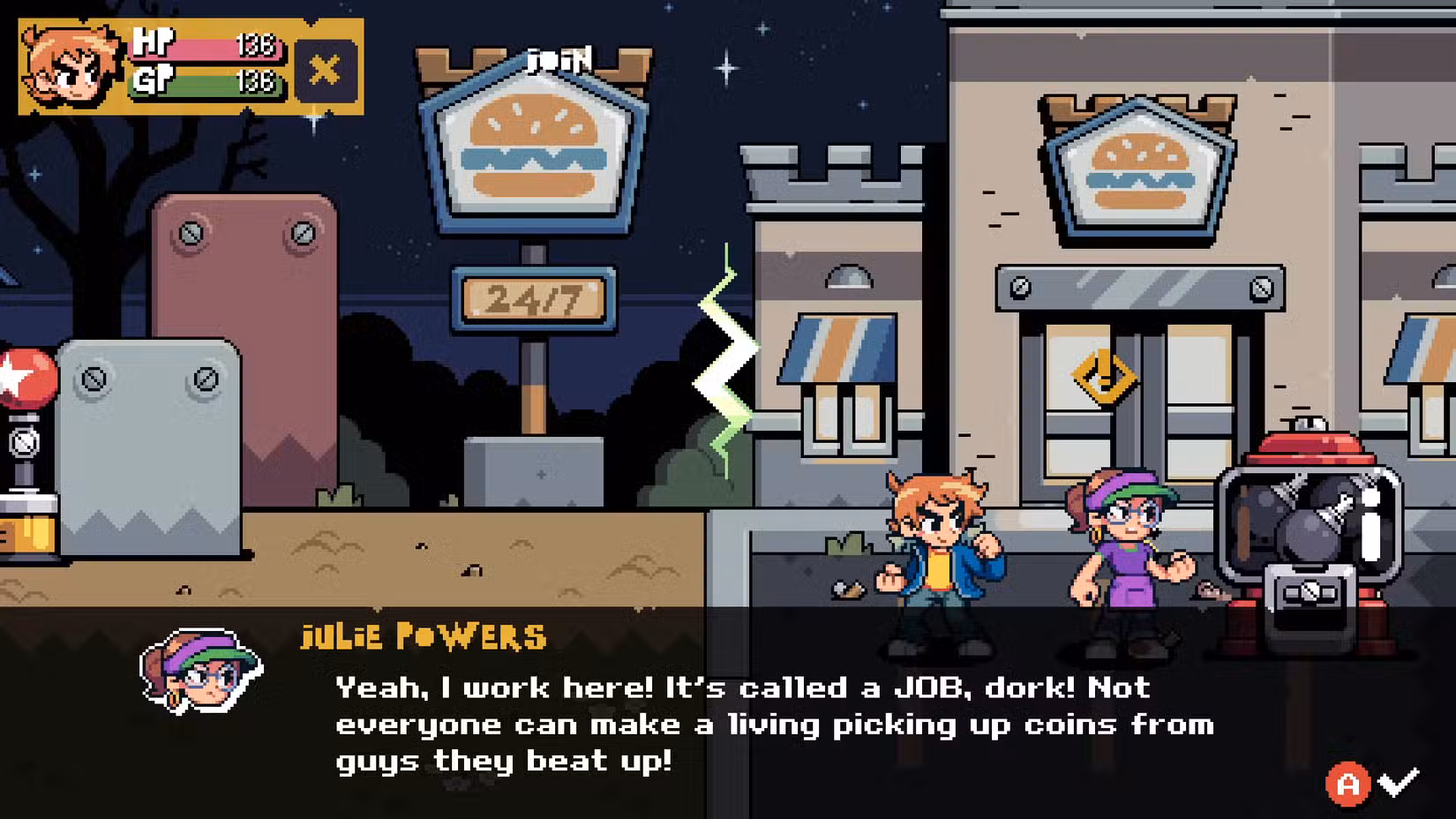 Scott Pilgrim fala com Julie Powers em Scott Pilgrim EX.