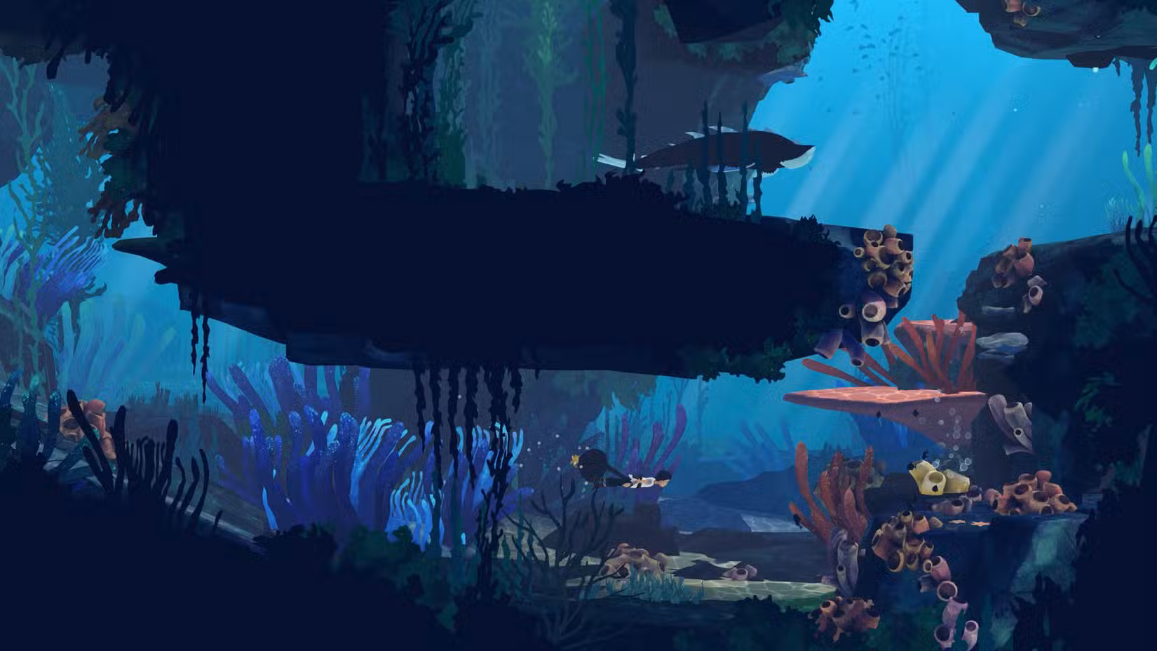 Uma jovem nadando debaixo d'água em uma captura de tela do Planeta Lana 2