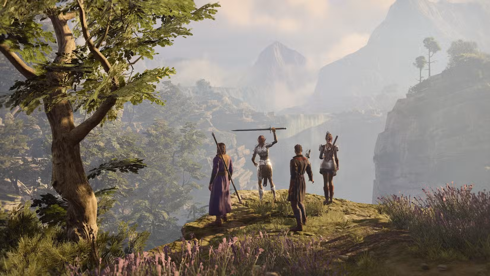 Quatro dos personagens principais de Baldur's Gate 3 estão juntos na encosta de um penhasco, de costas para a câmera, como se estivessem olhando para a aventura que está por vir.