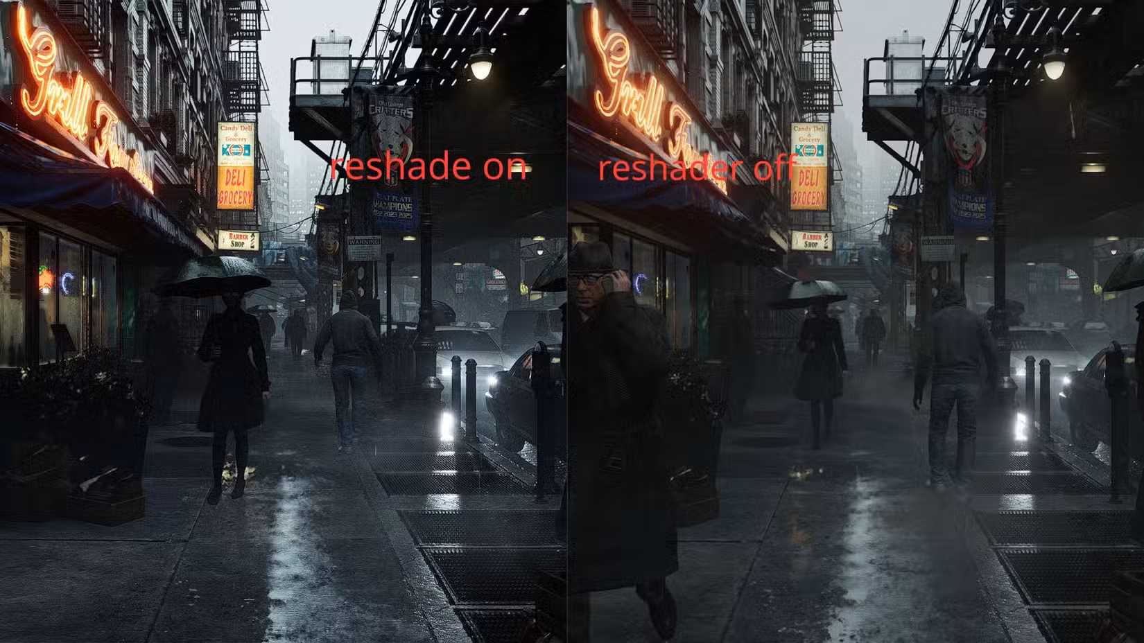 Uma comparação lado a lado é Resident Evil Requiem com um mod reshader habilitado