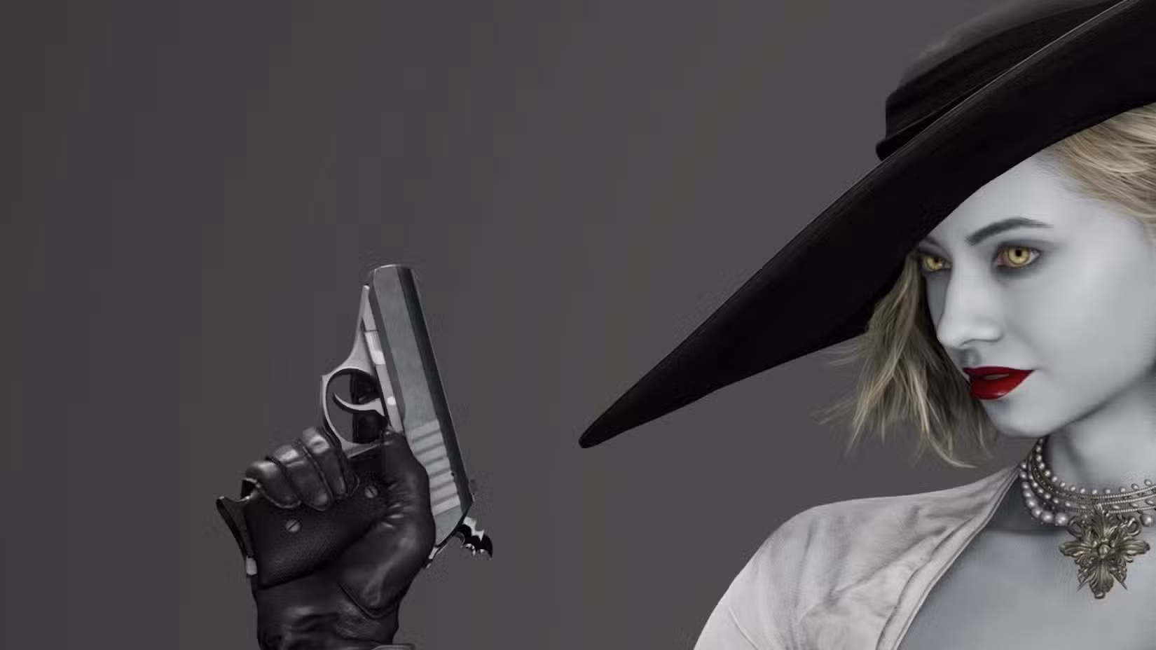 Grace em sua roupa de Lady Dimitrescu em Resident Evil Requiem, segurando uma pistola que tem um martelo em forma de morcego
