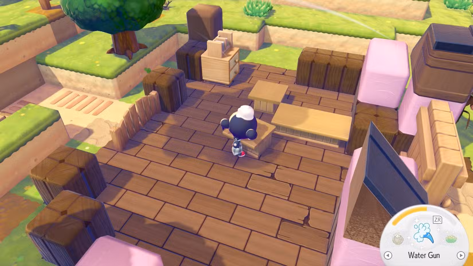 Um Ditto pega um balcão de mesa em Pokopia
