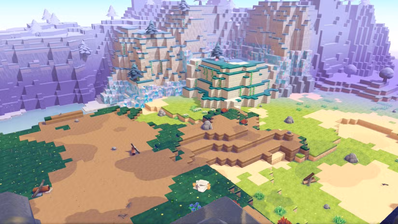 Uma Pokopia Cloud Island onde muitos biomas se encontram em um ponto