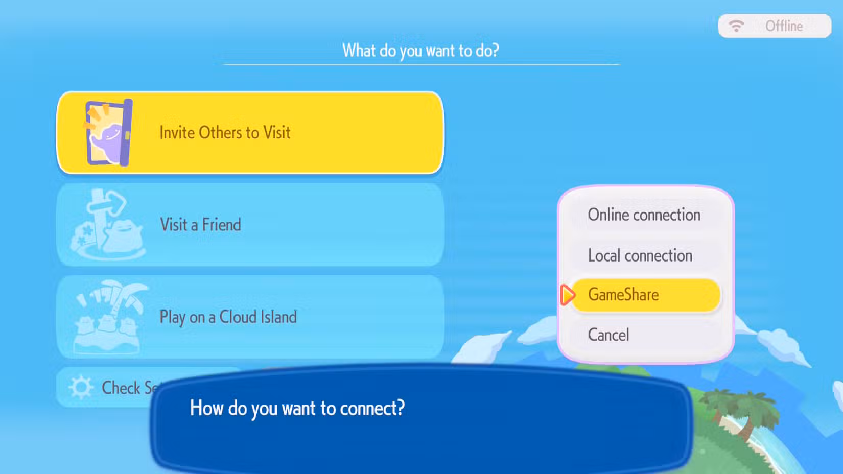 O link do menu de jogo no Pokémon Pokopia mostrando a opção GameShare