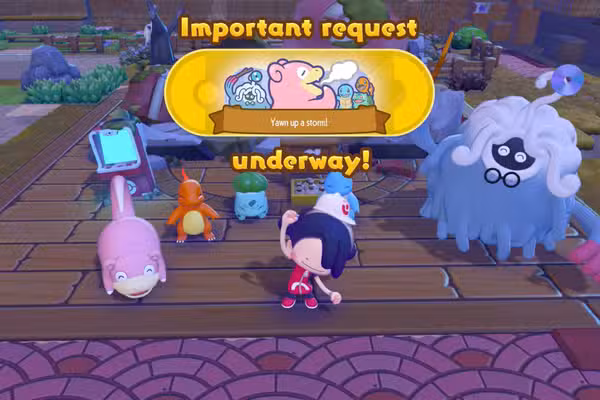 Um Ditto em forma de treinador torce pelos Pokémon quando eles iniciam o