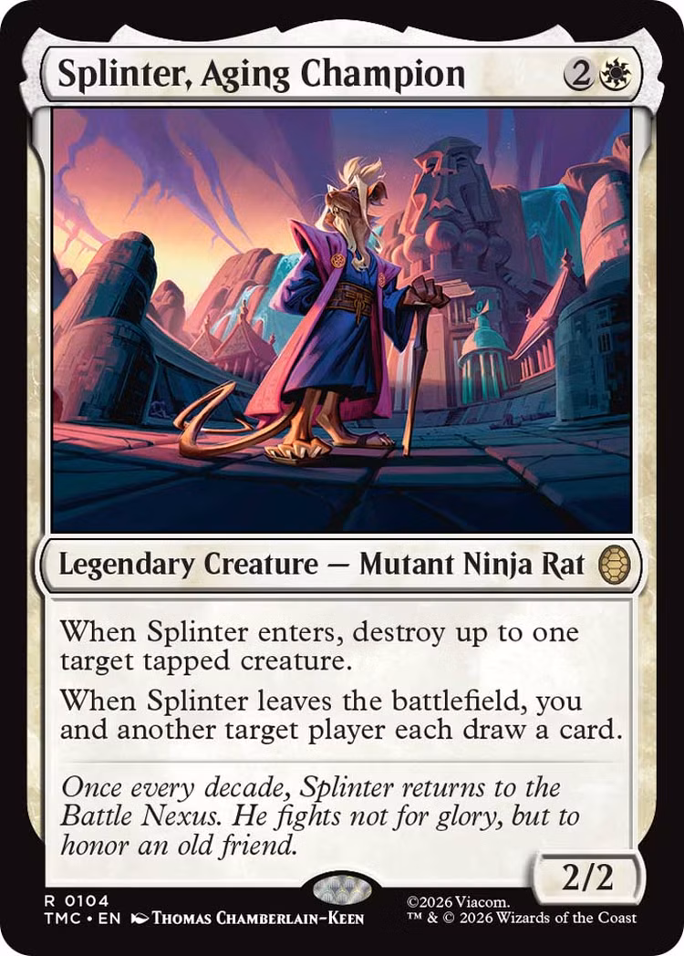 A carta Splinter, Aging Champion retrata um rato vestido com uma túnica e segurando uma bengala