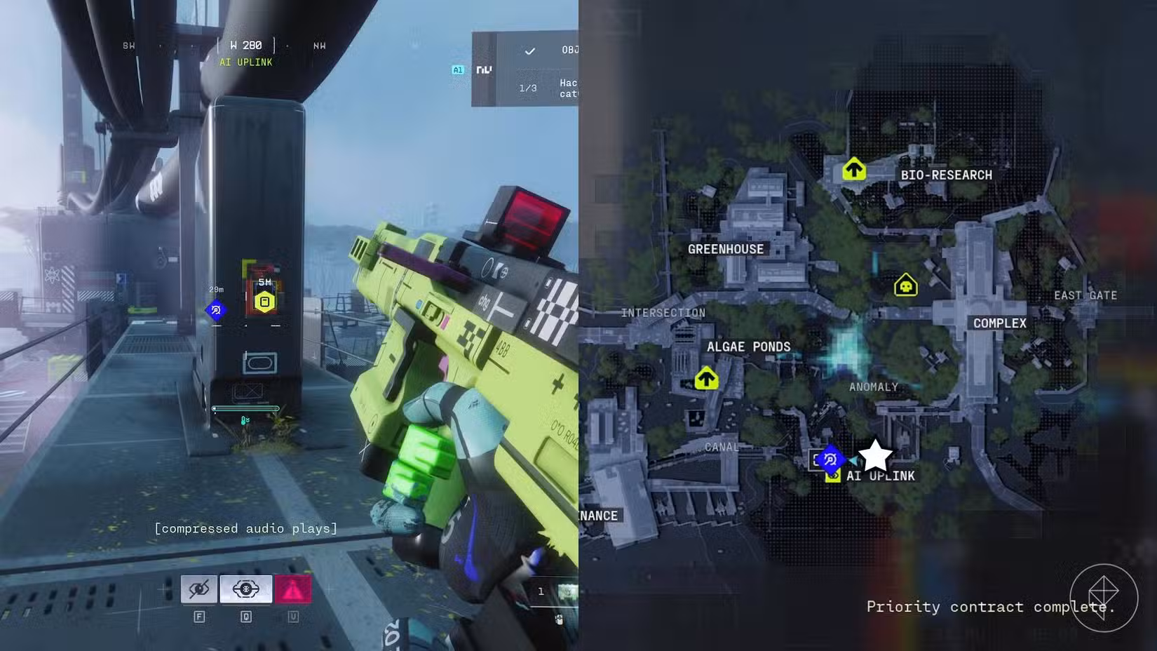 O lado esquerdo da imagem mostra o jogador na passarela do AI Uplink em Marathon com o objetivo à sua frente, enquanto o lado direito da imagem mostra o local marcado no mapa do jogo com um ícone de estrela.