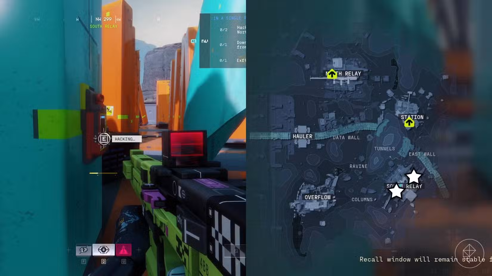 O lado esquerdo da imagem mostra o jogador no Marathon hackeando um repositório de dados, enquanto o lado direito da imagem mostra os dois locais no South Relay marcados no mapa do jogo.