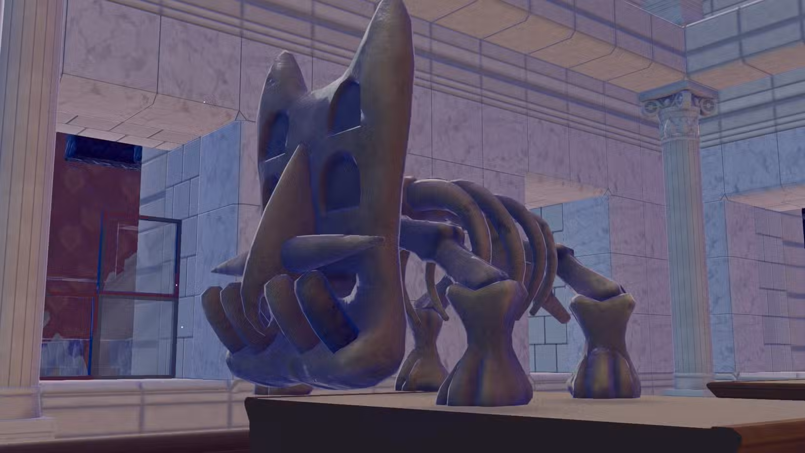 Um conjunto completo de fósseis, mostrando um esqueleto de Bastiodon em Pokopia.