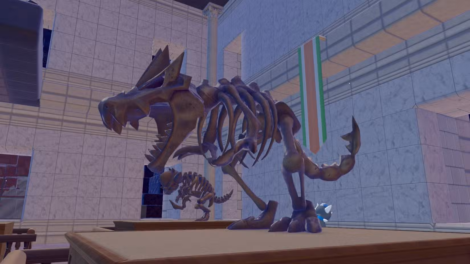 Um fóssil completo, mostrando o corpo esquelético de Tyrantrum em Pokopia