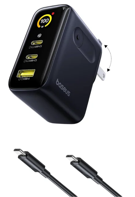 Carregador de parede USB-C de 3 portas Baseus Picogo 100W com display digital