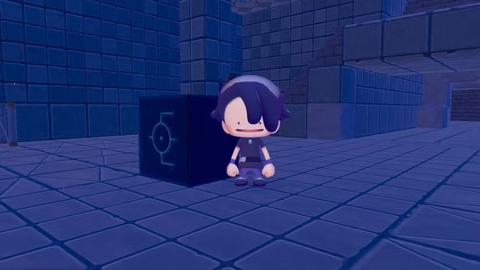 Um Ditto está ao lado de uma lousa misteriosa com Unown E esculpido na parte de trás em Pokopia