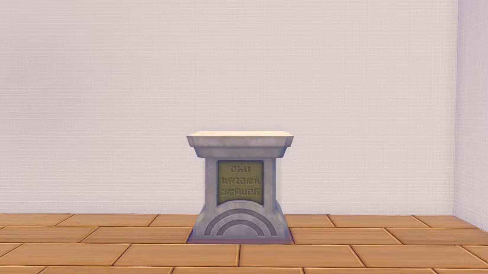 Um pedestal de pedra com algumas inscrições na frente em Pokopia