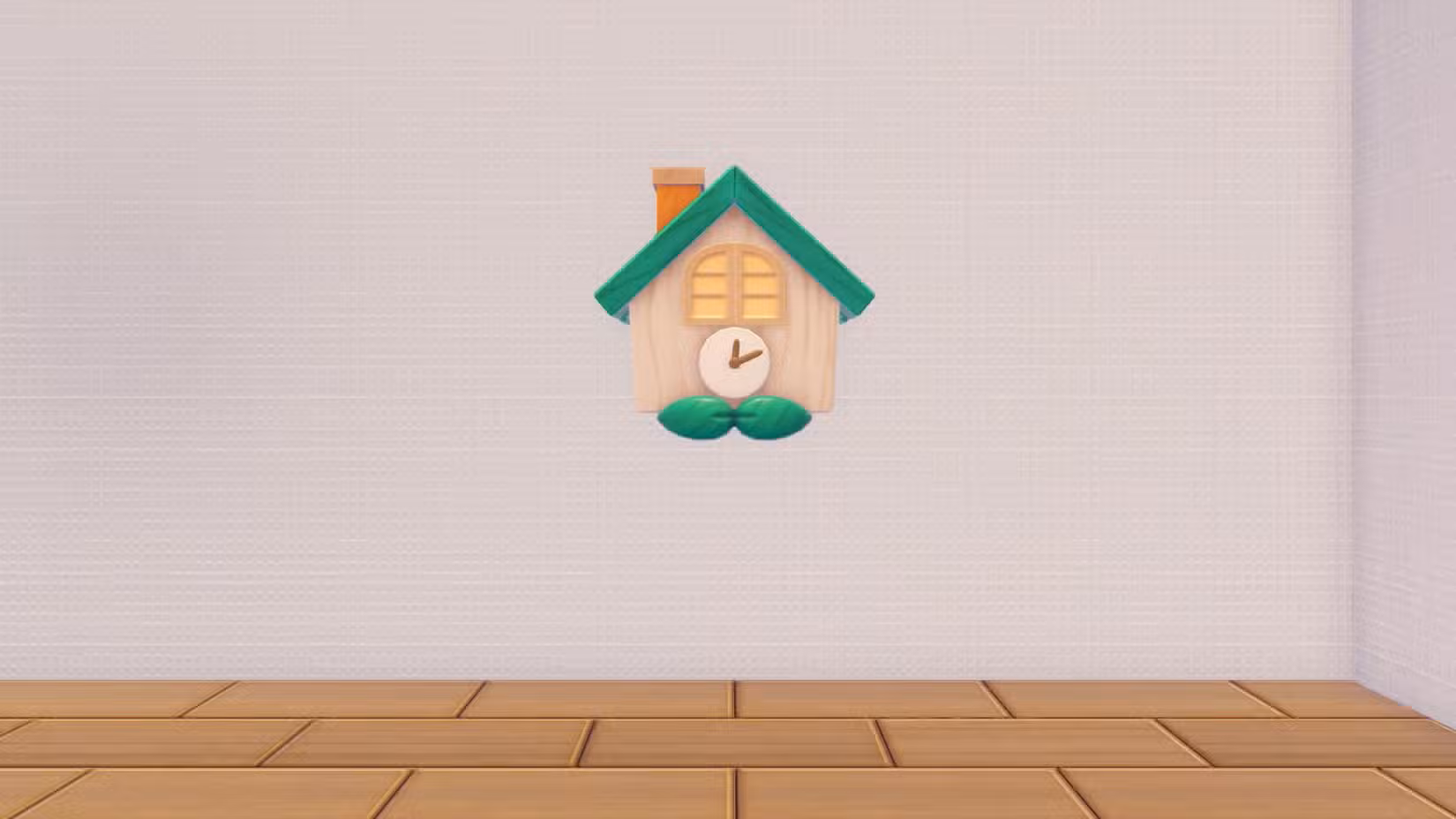 Um relógio cuco na parede que lembra um Rowlet em Pokopia.
