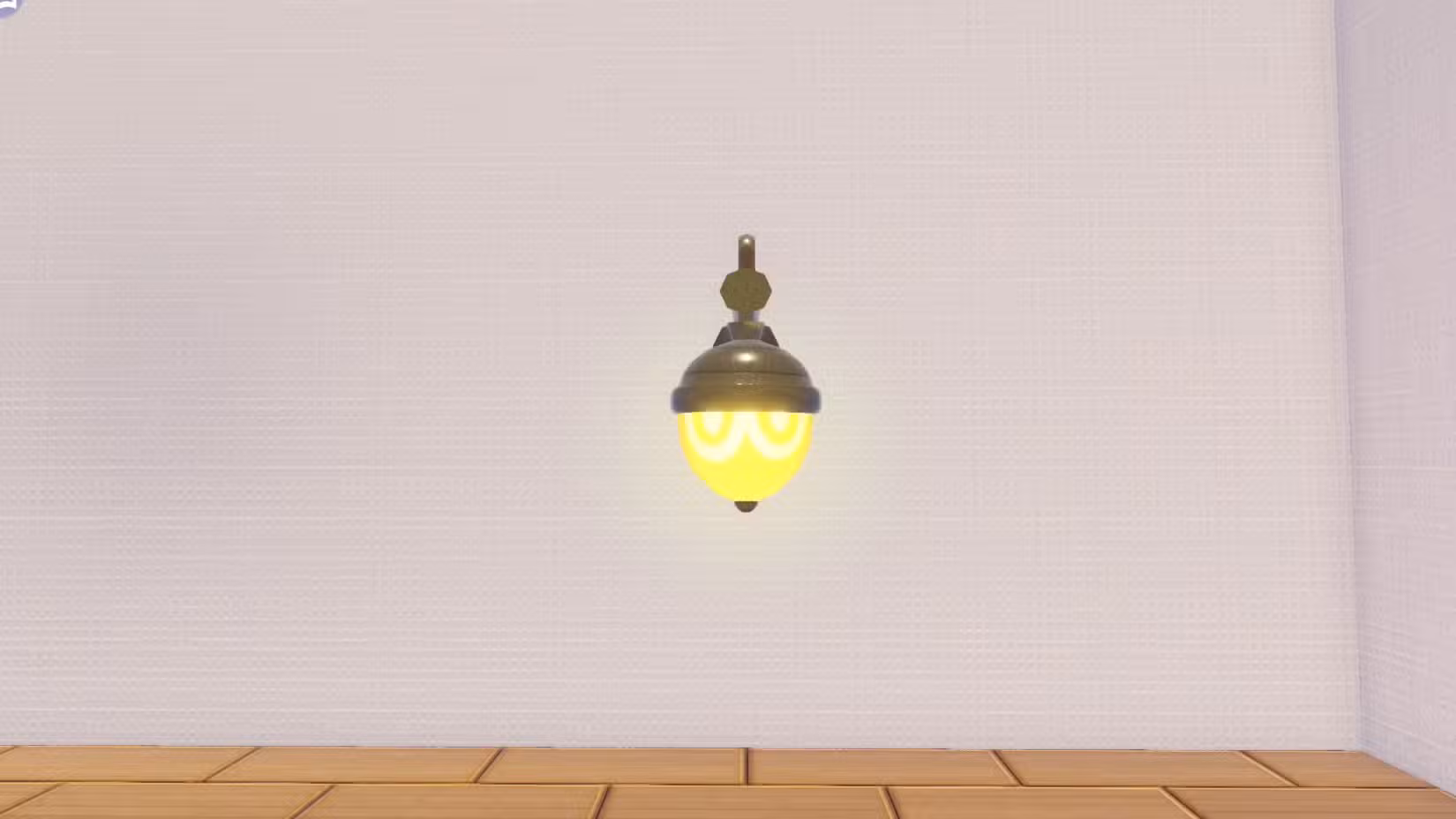 Uma luminária de parede acesa que se parece com Seedot, o Pokémon bolota, em Pokopia.