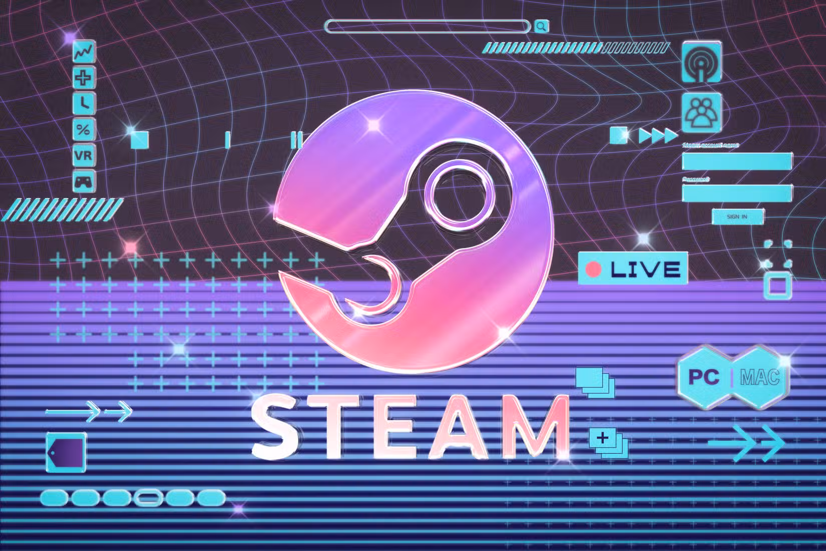 Ilustração gráfica colorida do logotipo do Steam