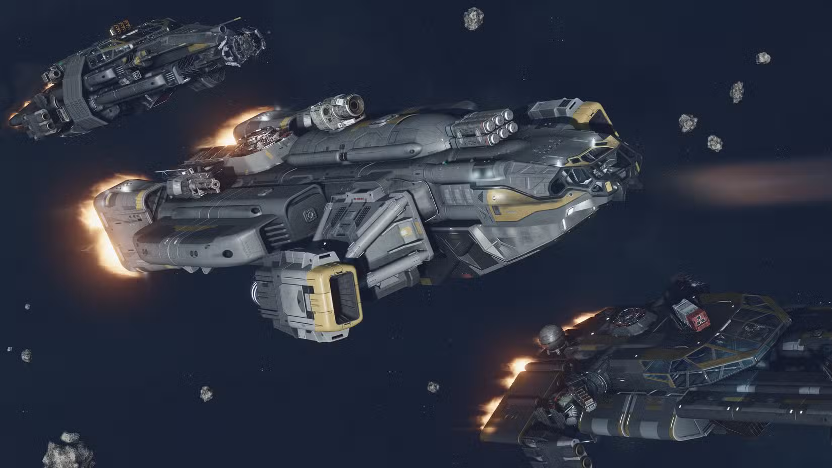 Uma nave da Armada Terrana voa pelo espaço no DLC 2 da história de Starfield