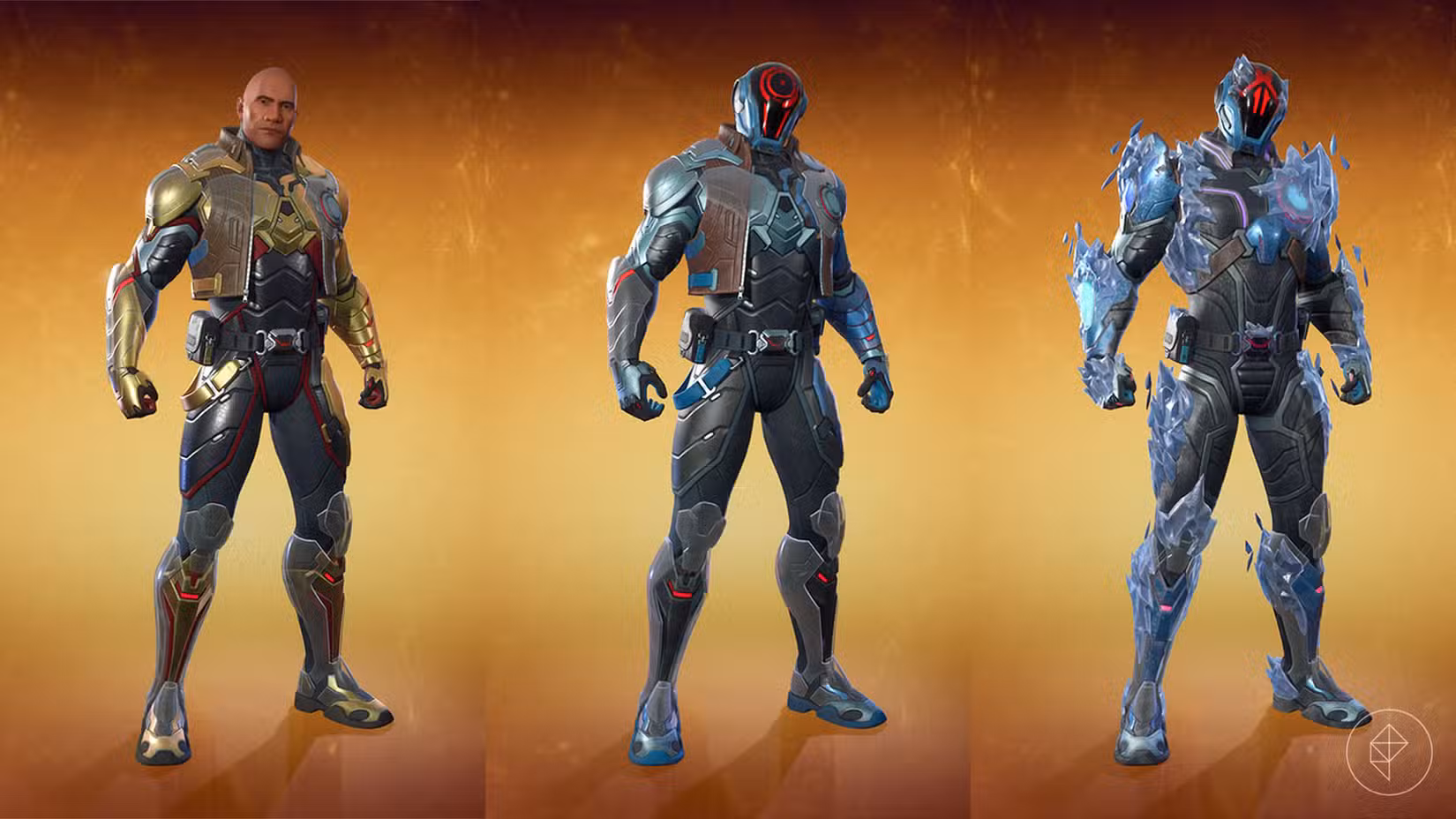 A skin Foundation Fortnite que retrata um homem com uma armadura brilhante junto com suas outras duas roupas alternativas.