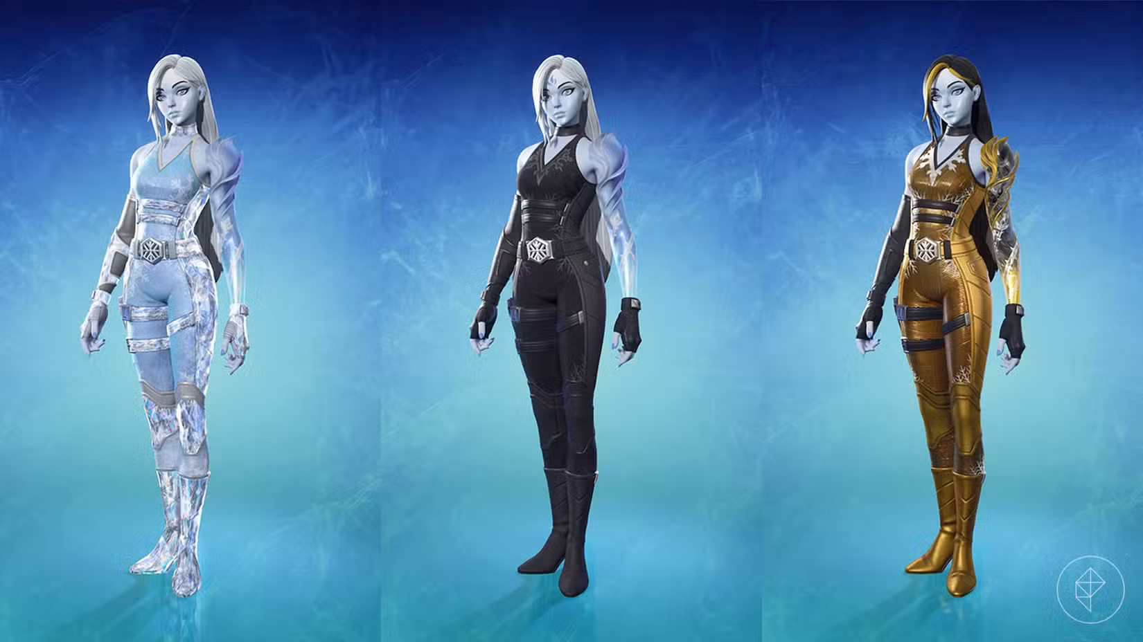 Lady Windfrost, uma roupa Fortnite de pele azul clara com cabelos longos e um macacão brilhante, junto com suas roupas alternativas.
