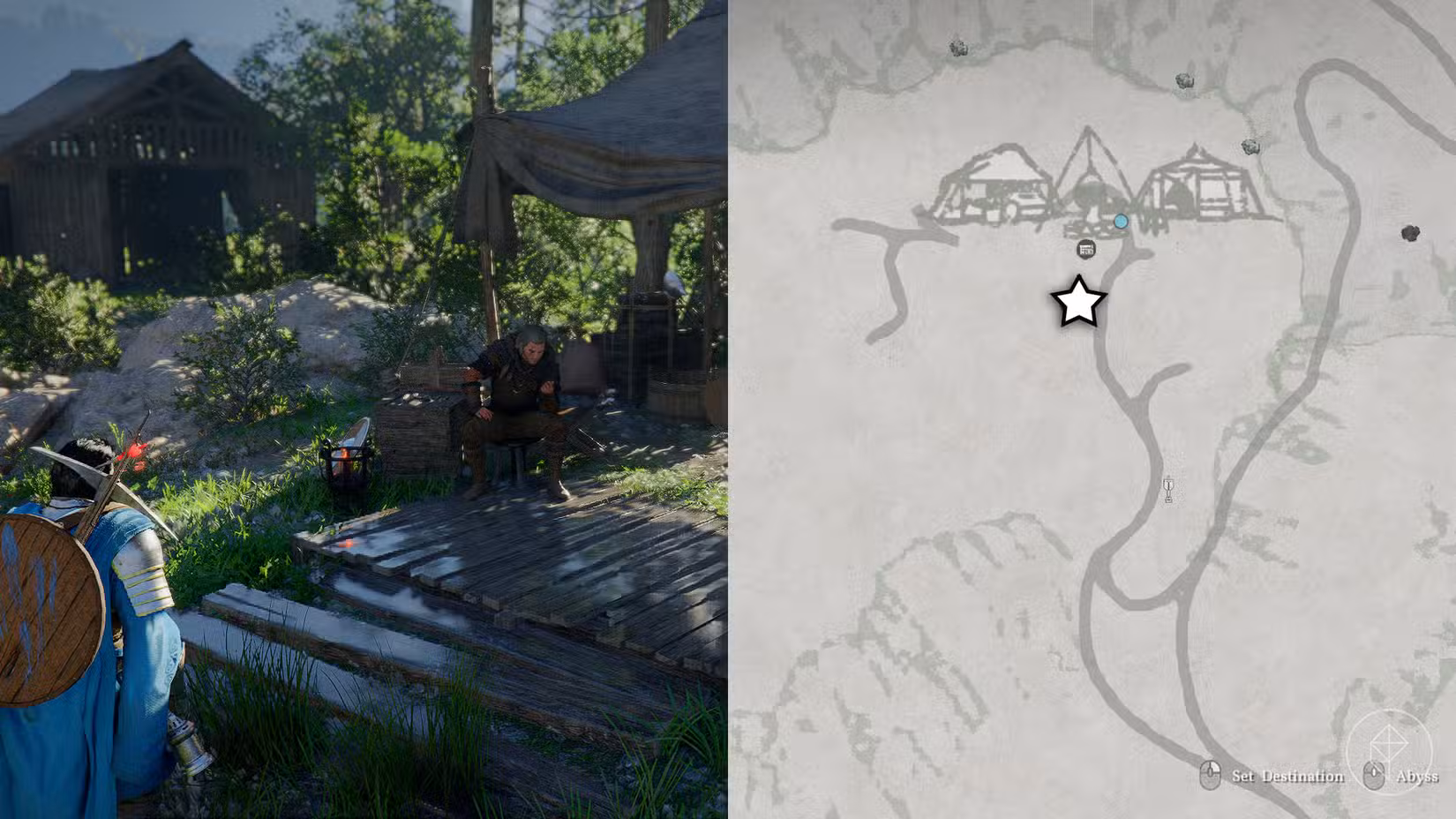Uma montagem usando duas imagens do Deserto Carmesim mostrando a localização de Ross no acampamento dos Greymanes