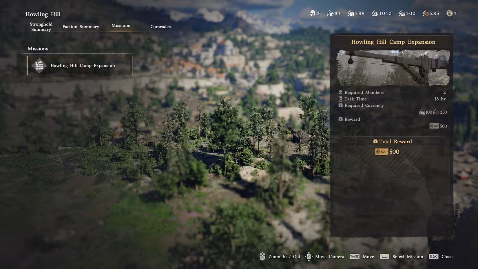 Uma captura de tela do Crimson Desert mostrando a tela do menu da expansão Howling Hill Camp