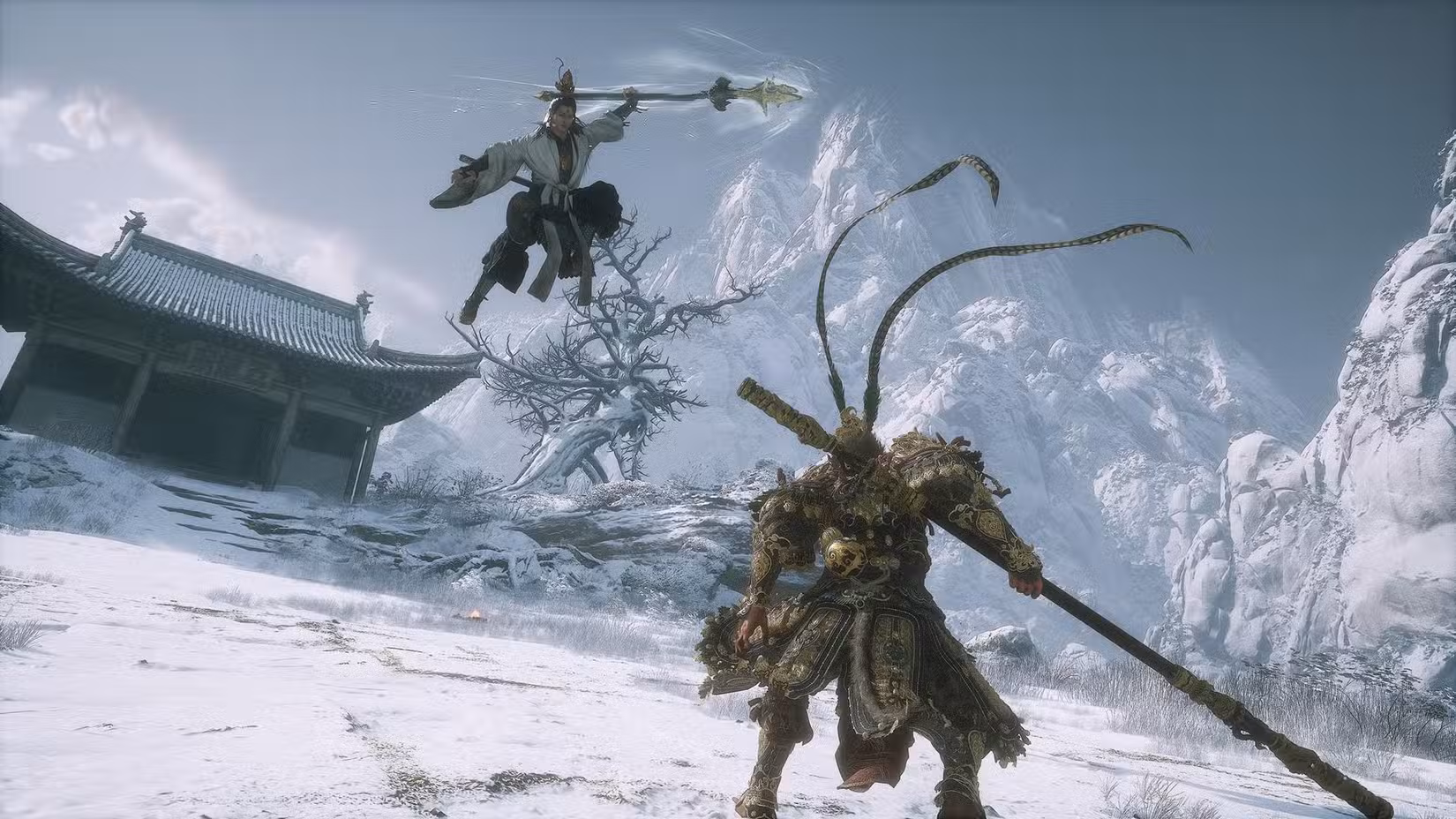 Um guerreiro salta em direção a outro em uma paisagem nevada em Black Myth: Wukong