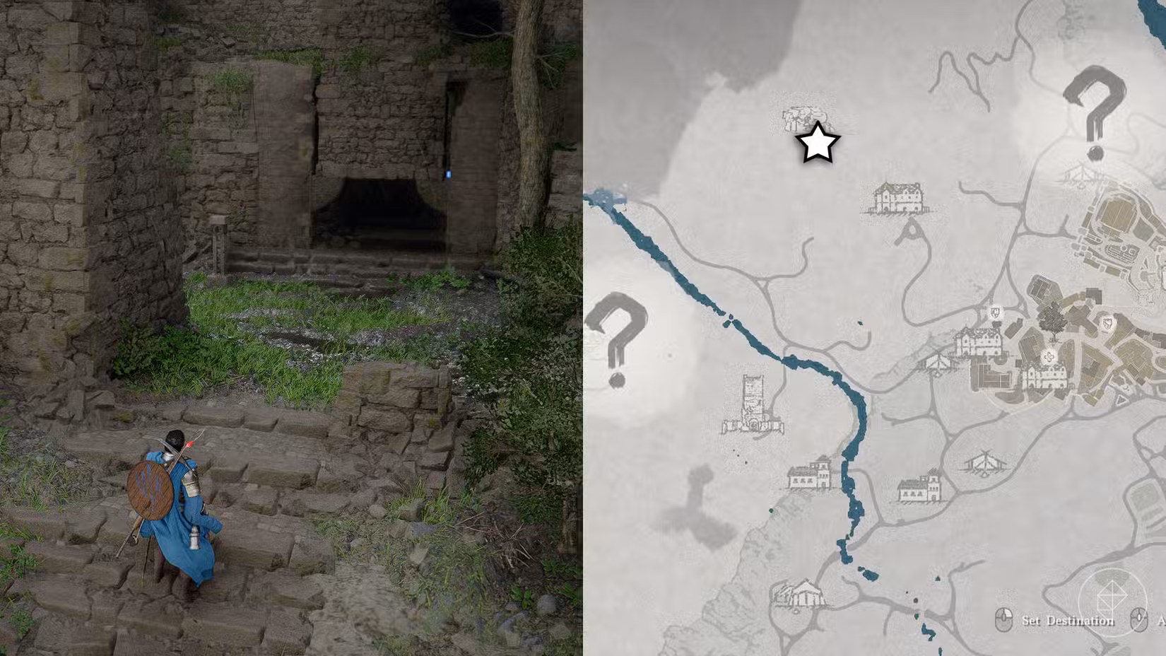 Uma montagem de duas imagens do Deserto Carmesim mostrando a localização das Ruínas Antigas que você visitou durante o "Reunião" busca