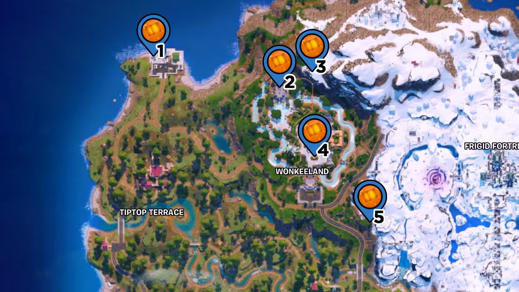 Um close de Wonkeeland no mapa Fortnite com alfinetes indicando a localização dos cubos do caos.