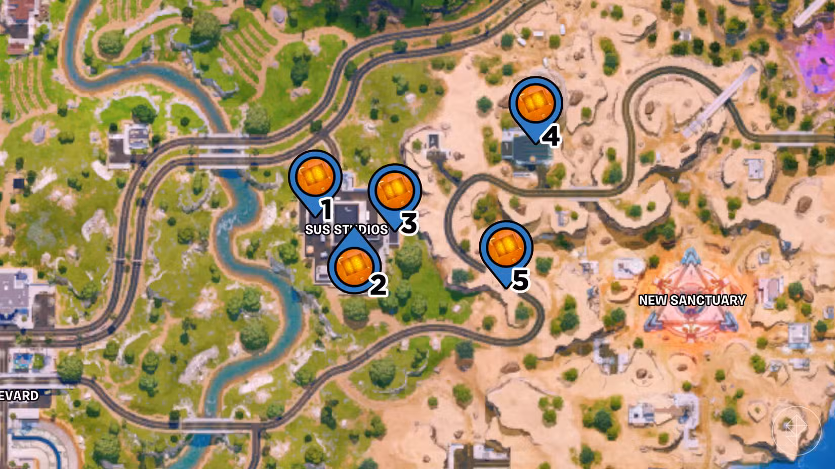 Sus Studios no mapa Fortnite com alfinetes marcando a localização dos cubos do caos na área.