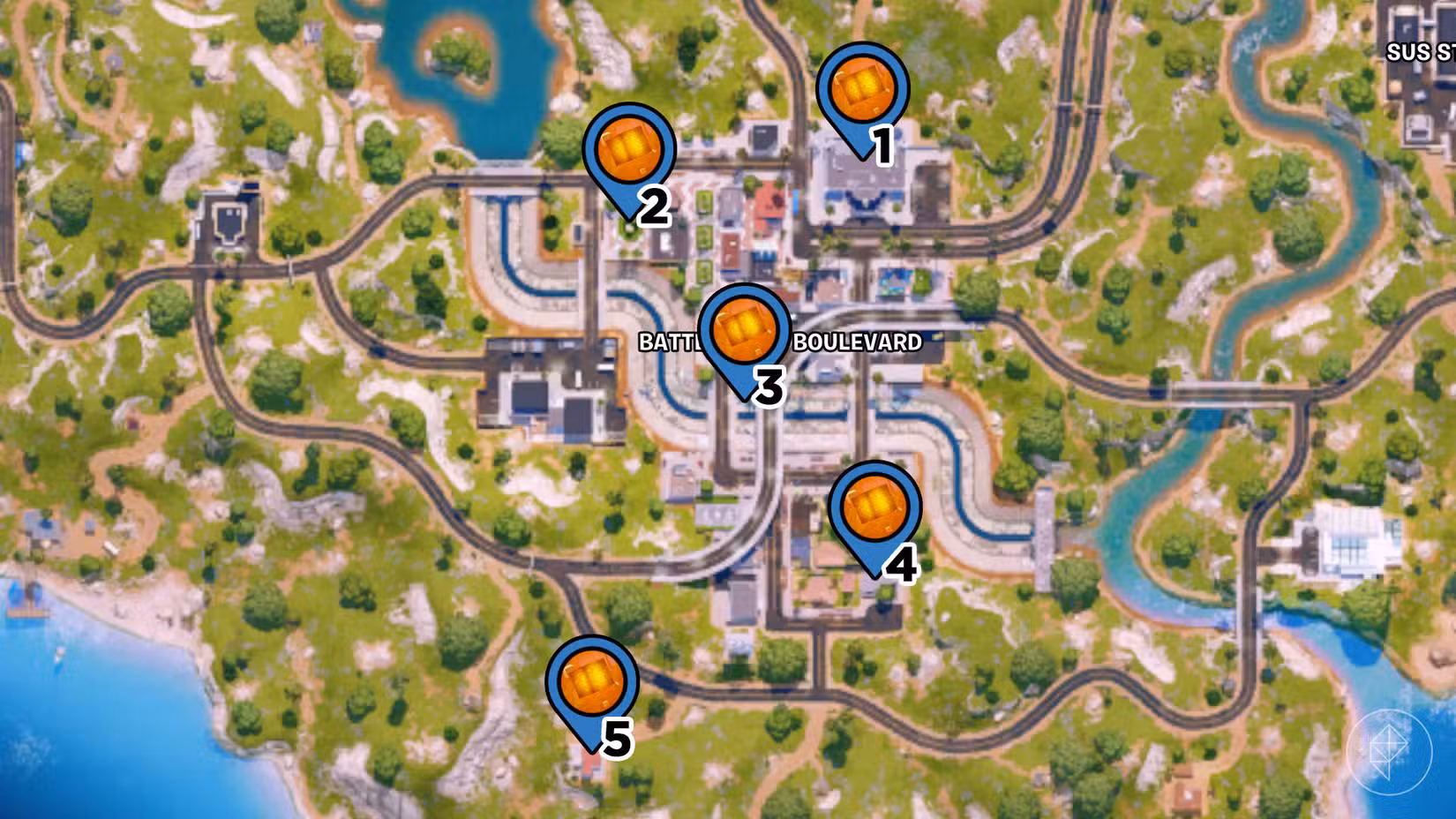 Battlewood Boulevard no mapa Fortnite com alfinetes marcando a localização dos cubos do caos na área.