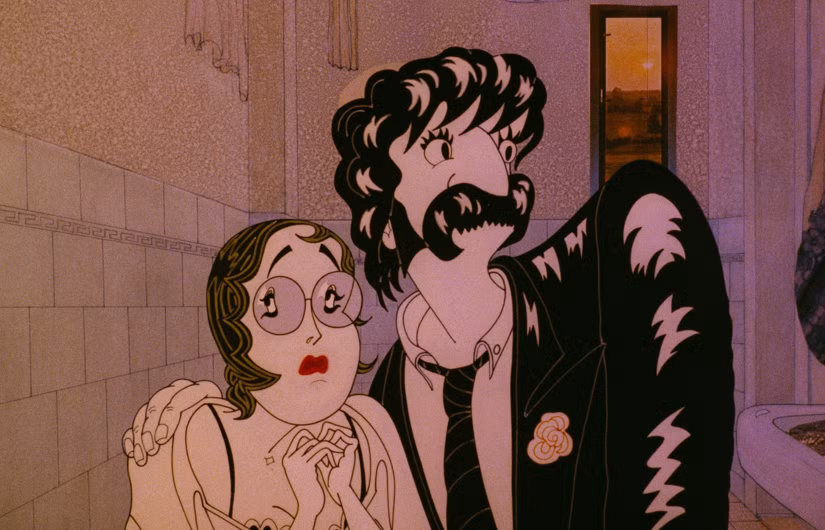 Uma mulher de óculos e lábios muito vermelhos e um homem de terno preto com um enorme bigode de morsa se amontoam no filme de animação húngaro de 1980, Bubble Bath