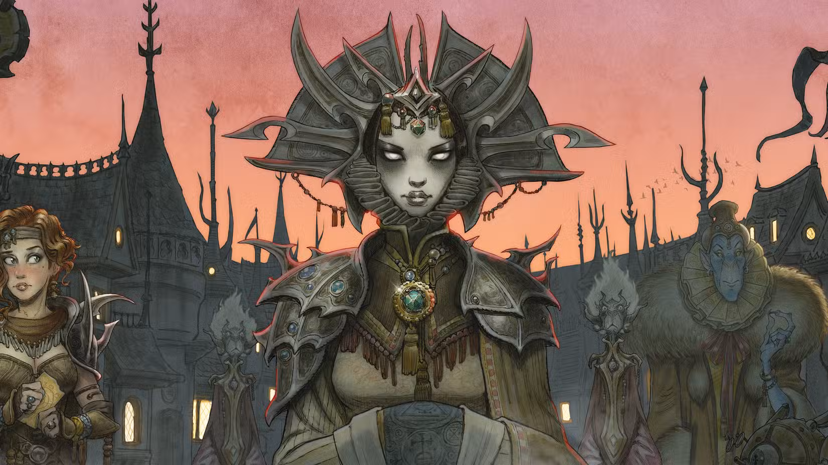 A Senhora da Dor de Sigil, com um cocar elaborado, está diante de uma coleção de personagens estranhos da última aventura da Wizards of the Coast.