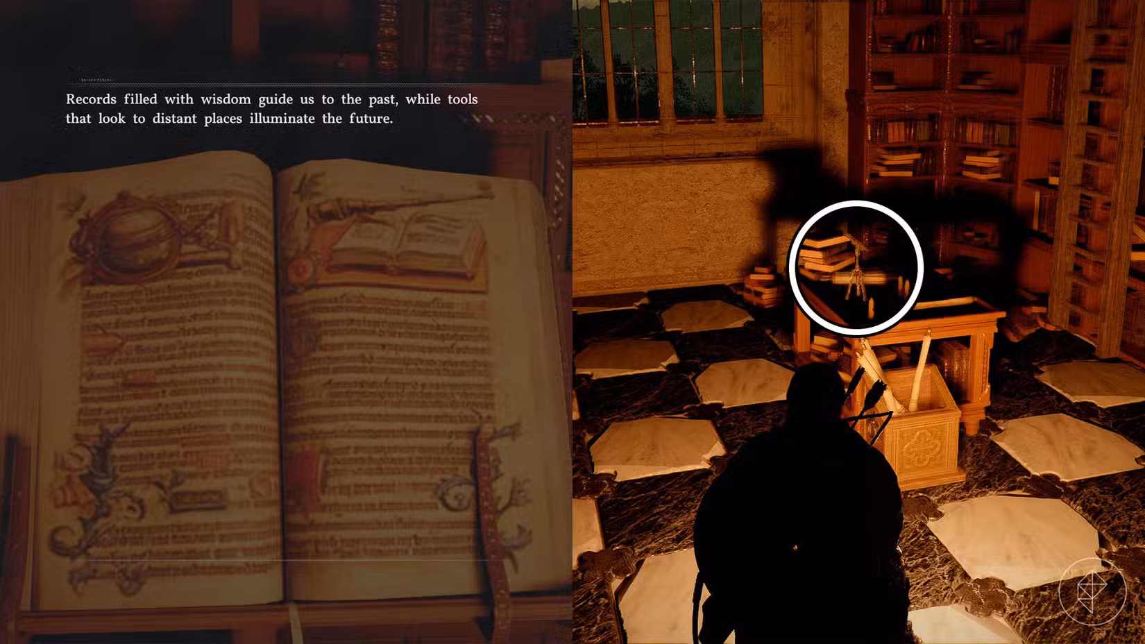 O enigma para o segundo andar do Spire of Insight junto com um telescópio em uma mesa em uma sala mal iluminada no Deserto Carmesim.