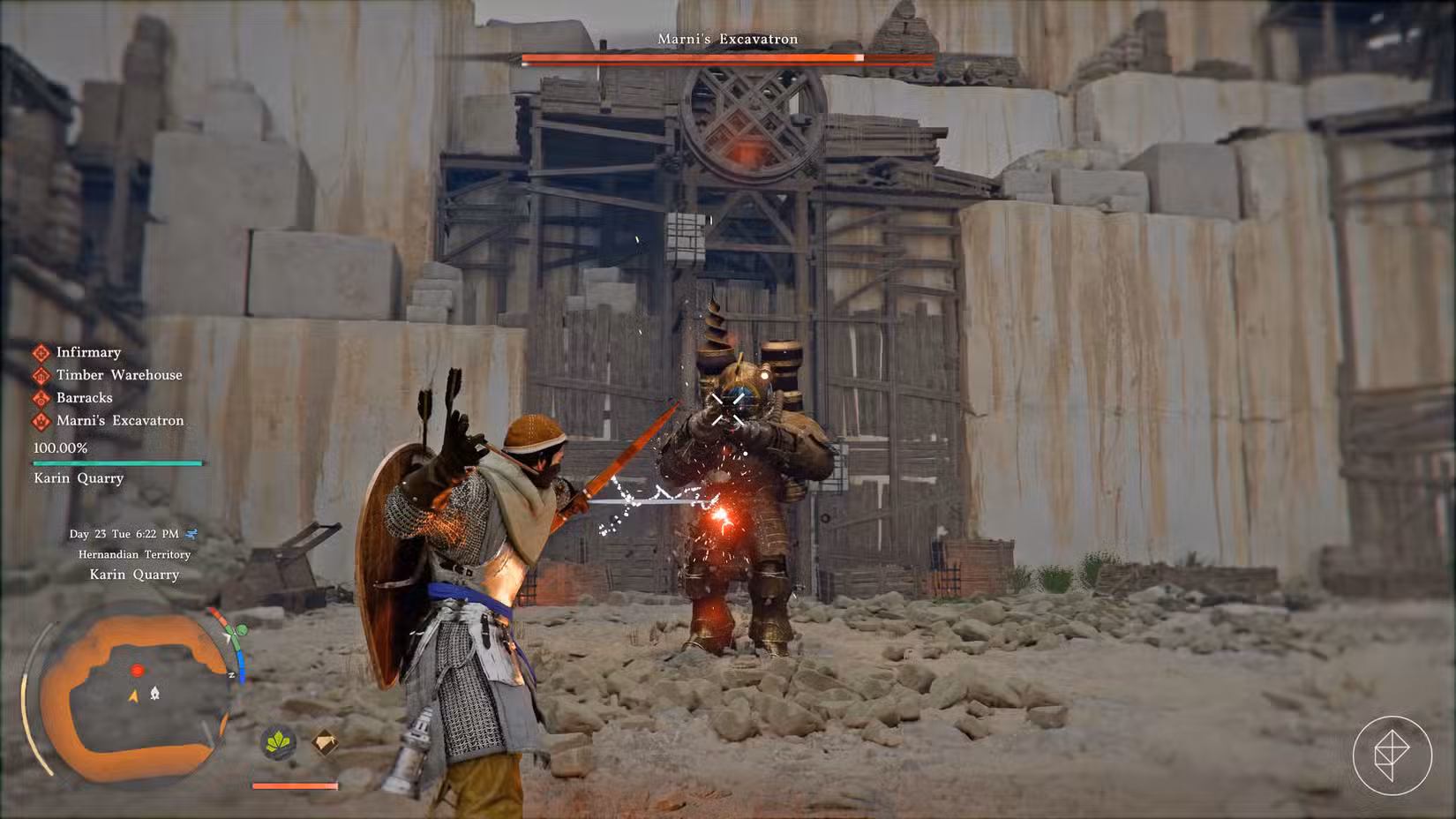 Um jogador atira no Excavatron de Marni com arco e flecha no Deserto Carmesim.