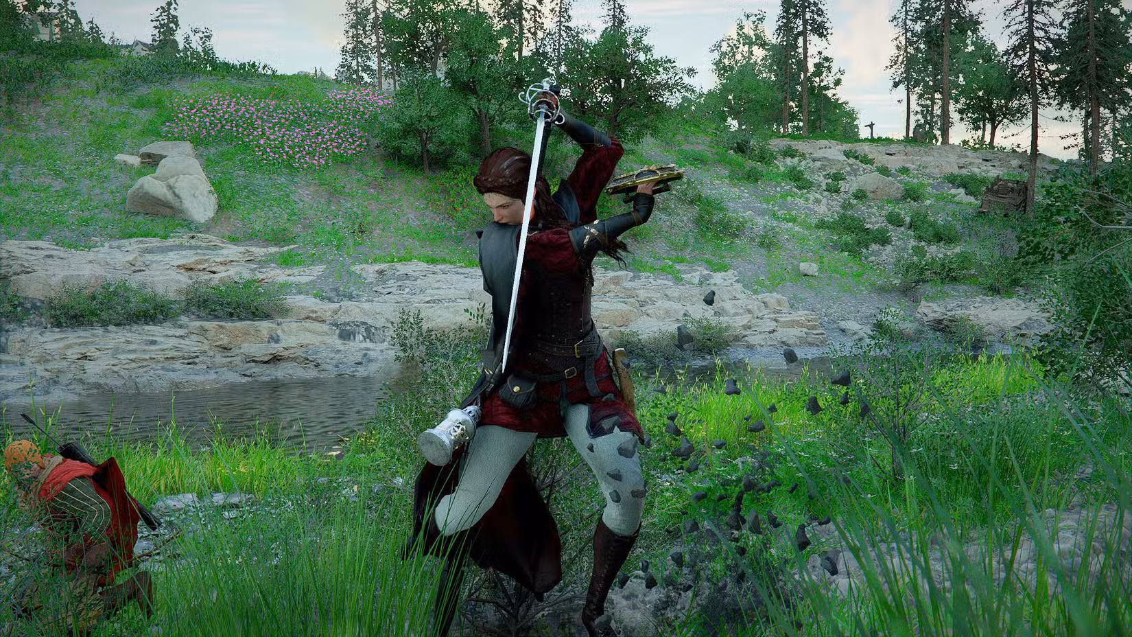 Damiane aparando com sua espada no Deserto Carmesim