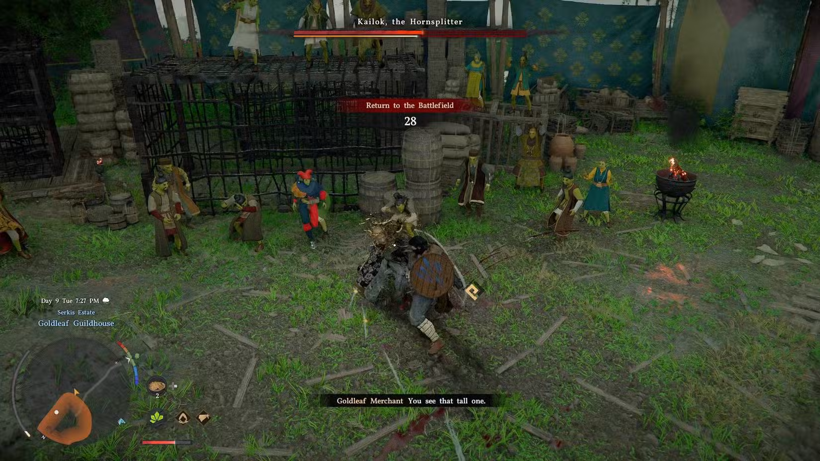 Kliff durante a luta contra o chefe Hornsplitter no Crimson Desert, empurrando o inimigo para fora dos limites.