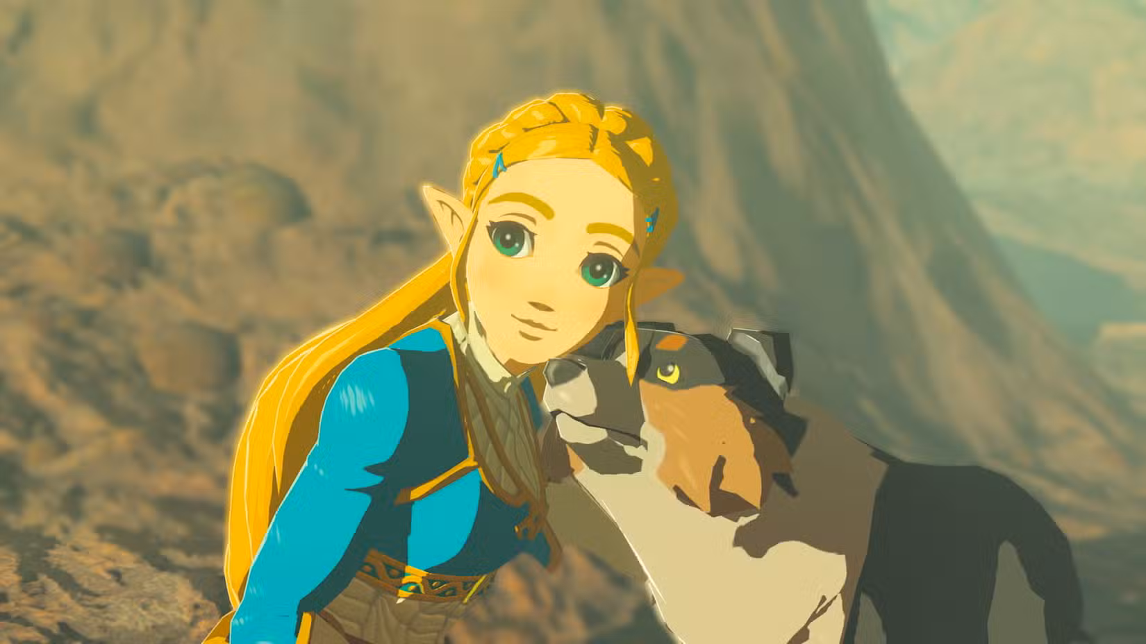 um cachorro acariciando a Princesa Zelda em The Legend of Zelda: Breath of the Wild