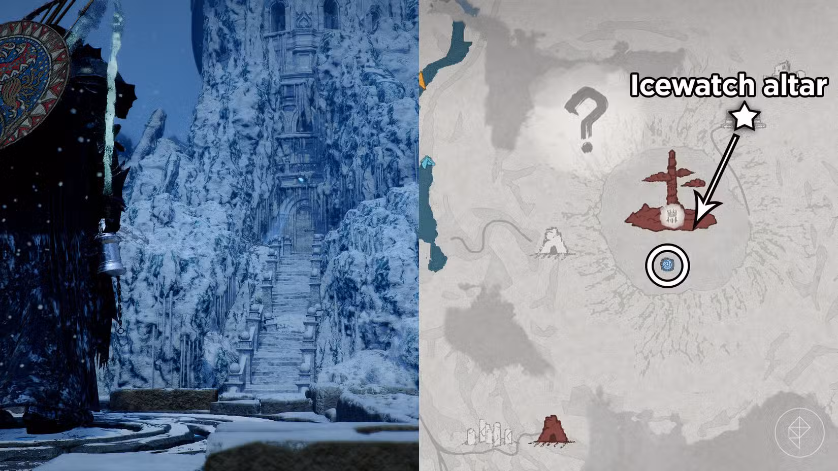 Uma montagem de duas imagens do Deserto Carmesim mostrando a melhor maneira de alcançar o nexo do abismo no Pináculo de Gelo