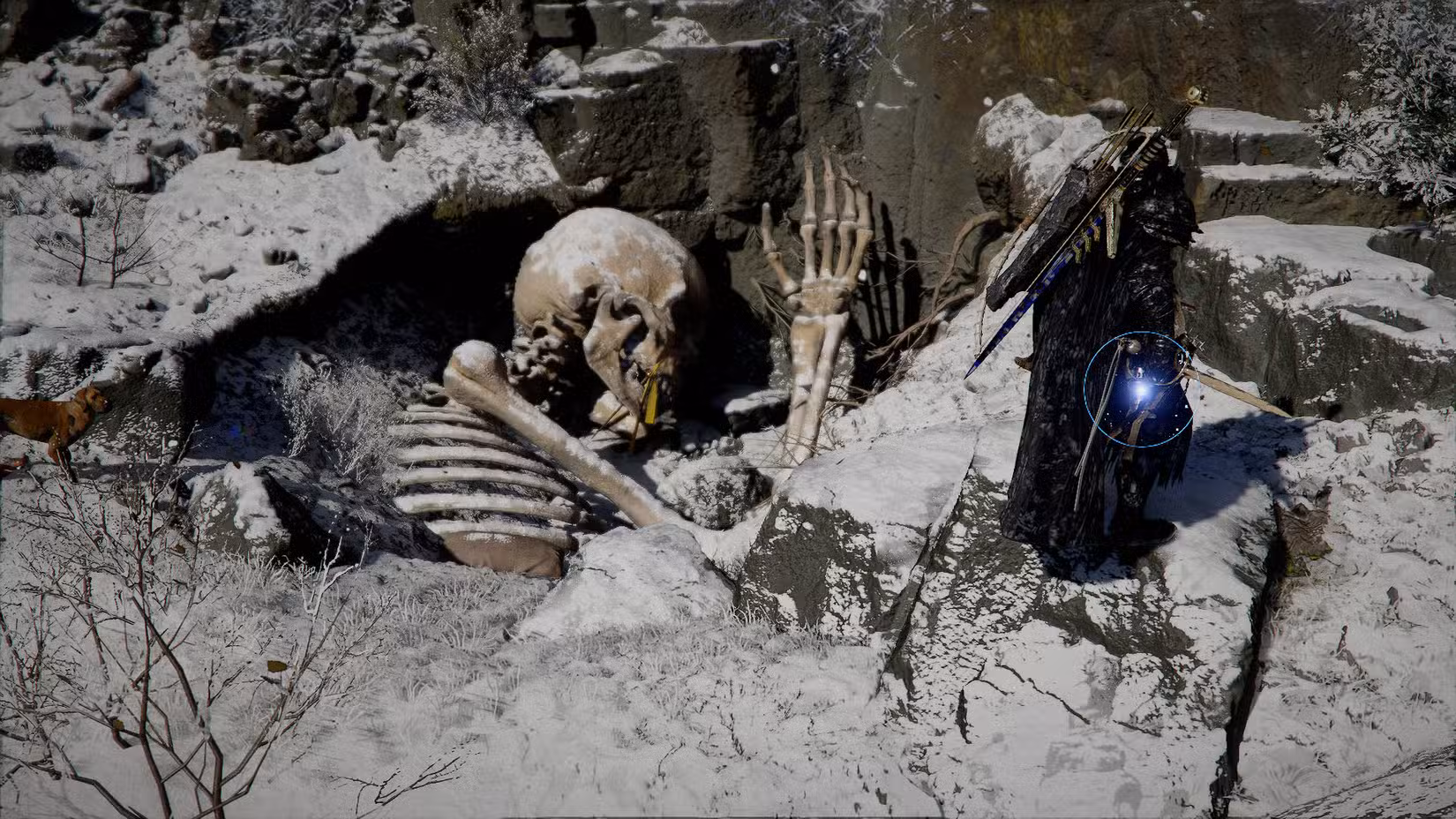 Uma captura de tela do Crimson Desert mostrando um esqueleto gigante enterrado na neve