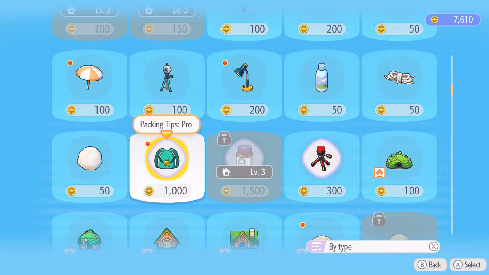 Uma captura de tela do Pokémon Pokopia mostrando Packign Tips: Pro na loja do jogo