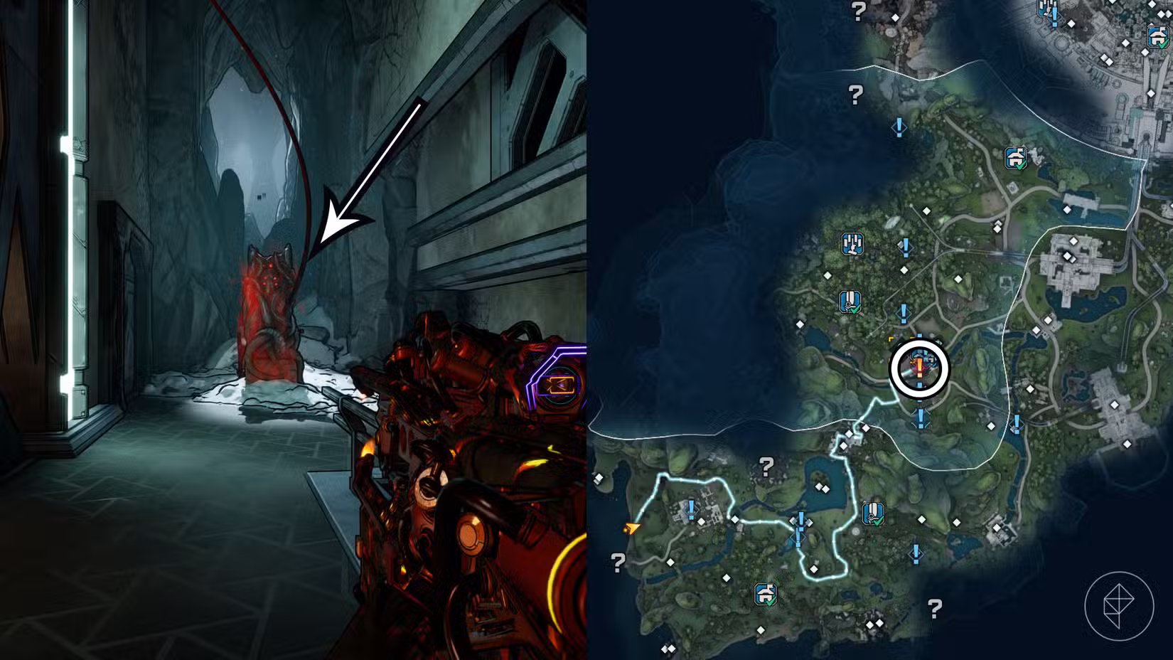 Uma montagem usando duas imagens de Borderlands 4 mostrando onde os jogadores devem ir para iniciar o novo DLC do jogo