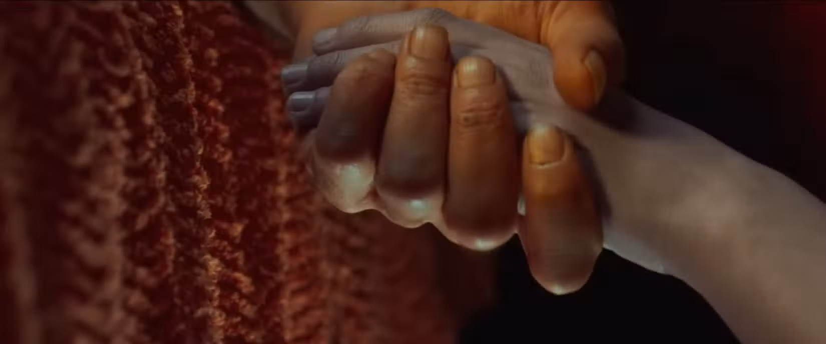 Duas mãos, uma mão de adulto que parece laranja e uma mão de criança que é mais pálida e cinza, se abraçam em close em uma cena de Alpha.