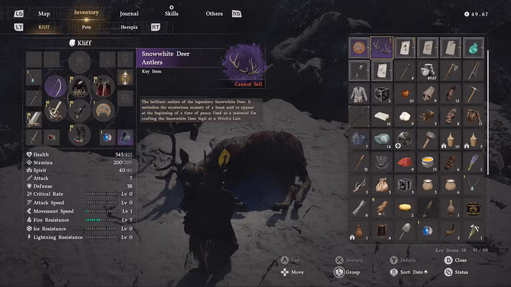 Uma captura de tela do Crimson Desert mostrando o item Snowwhite Deer Antlers