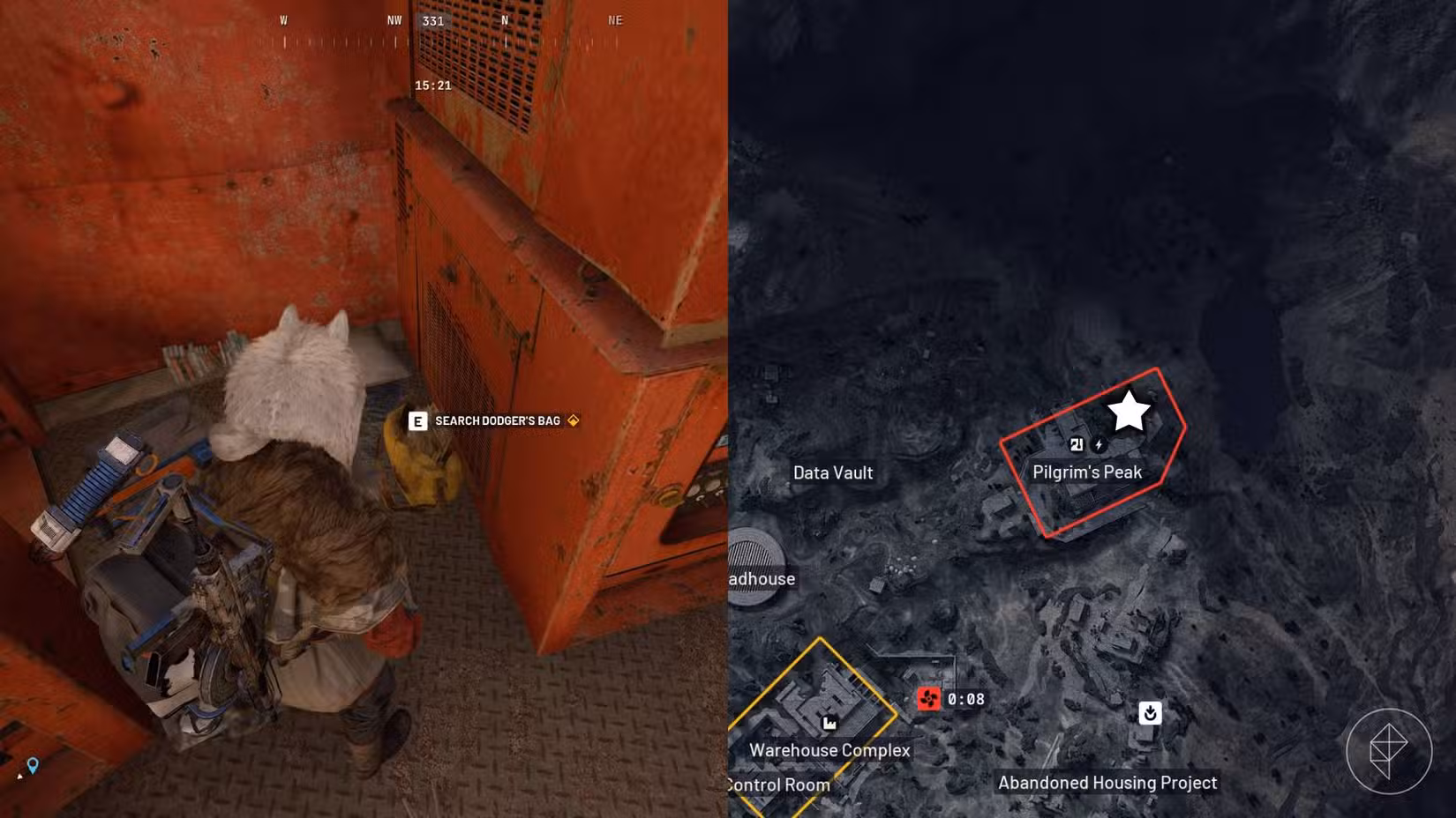 O lado esquerdo da imagem mostra o jogador na frente do local de negociação de Dodger em Arc Raiders, enquanto o lado direito da imagem mostra o local marcado no mapa do jogo com um ícone de estrela.