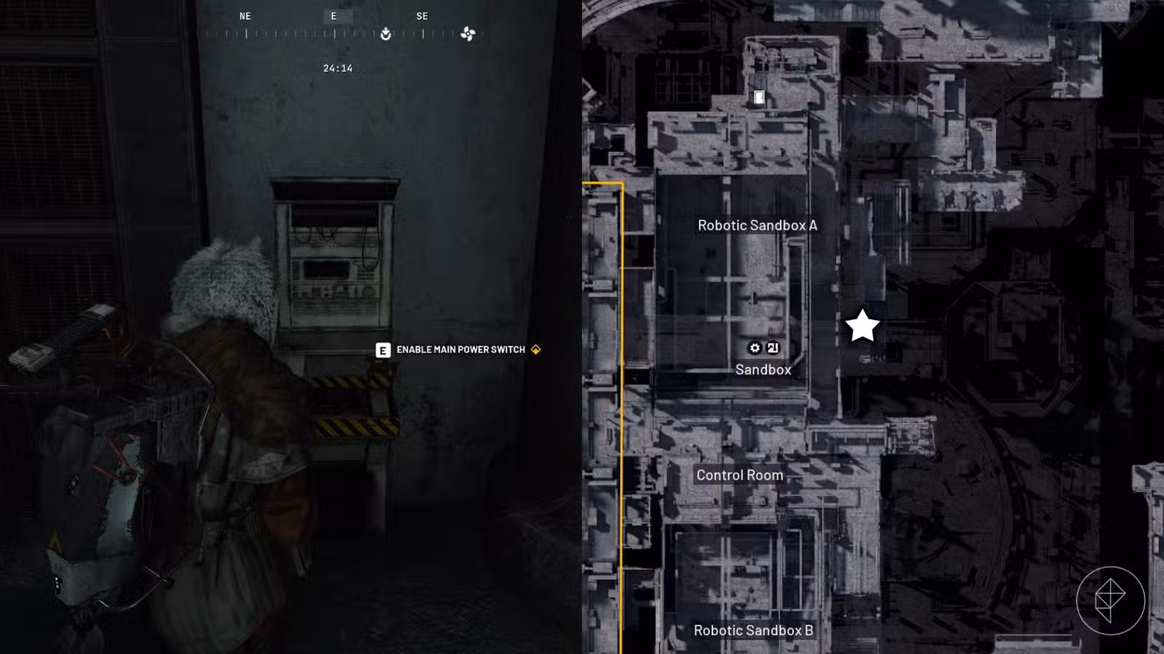 O lado esquerdo da imagem mostra o jogador em Arc Raiders parado na frente do objetivo, enquanto o lado direito da imagem mostra o local marcado no mapa do jogo com uma estrela.