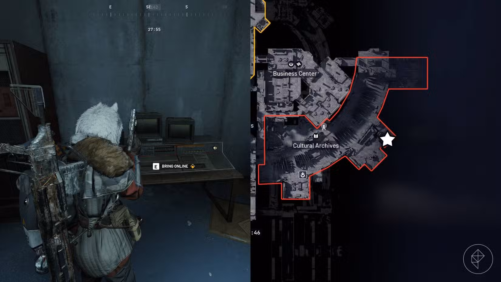 O lado esquerdo da imagem mostra o jogador em Arc Raiders parado na frente do objetivo, enquanto o lado direito da imagem mostra o local marcado no mapa do jogo com uma estrela.