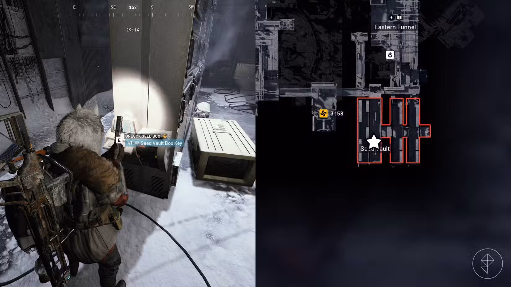 O lado esquerdo da imagem mostra o jogador em Arc Raiders parado na frente do objetivo, enquanto o lado direito da imagem mostra o local marcado com uma estrela no mapa do jogo.