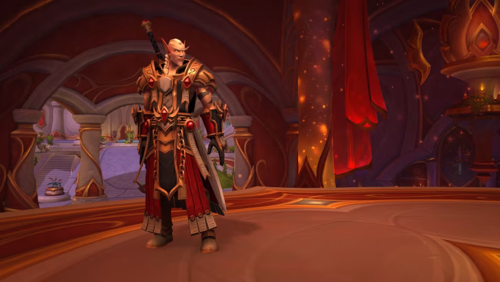 Arator, um paladino meio elfo com cabelo loiro preso em WoW Midnight