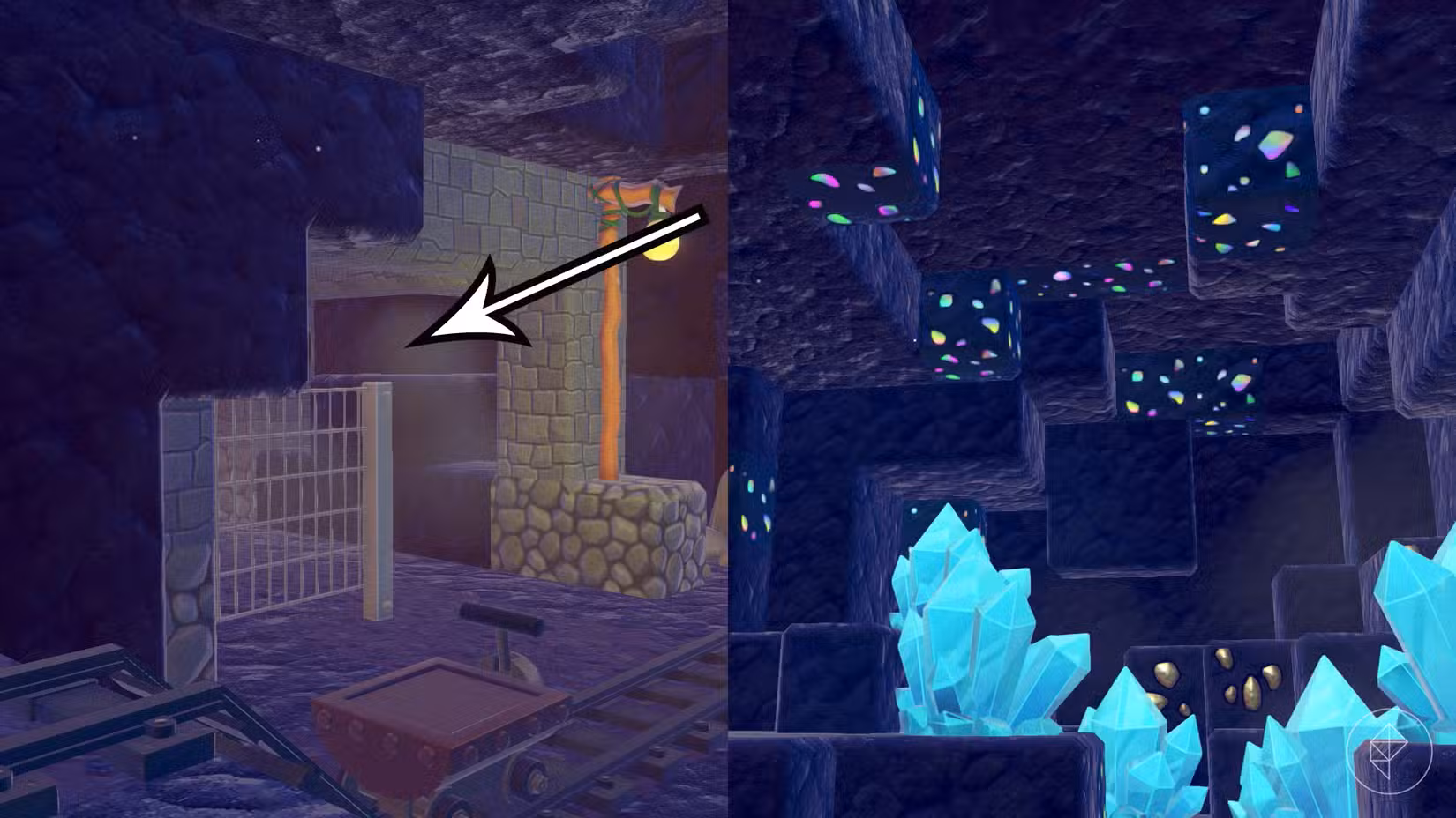 Uma seta aponta para além de uma cerca de metal em direção a algumas pedras com as cores do arco-íris em Pokémon Pokopia